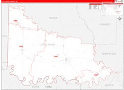 Little RiverCounty, AR Wall Map Zip Code Red Line Style 2024